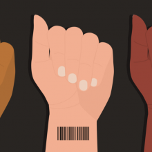 Illustrated hand making a fist with barcode on wrist.