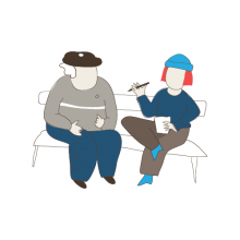 illustration of two people sitting on a bench talking