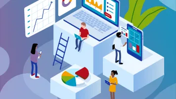 Graphic illustration of four people working on data collection and analysis