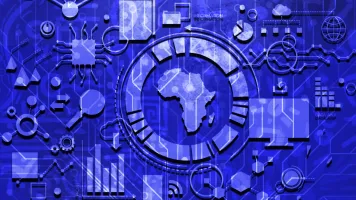 Blue data/tech illustration with map of Africa in the middle